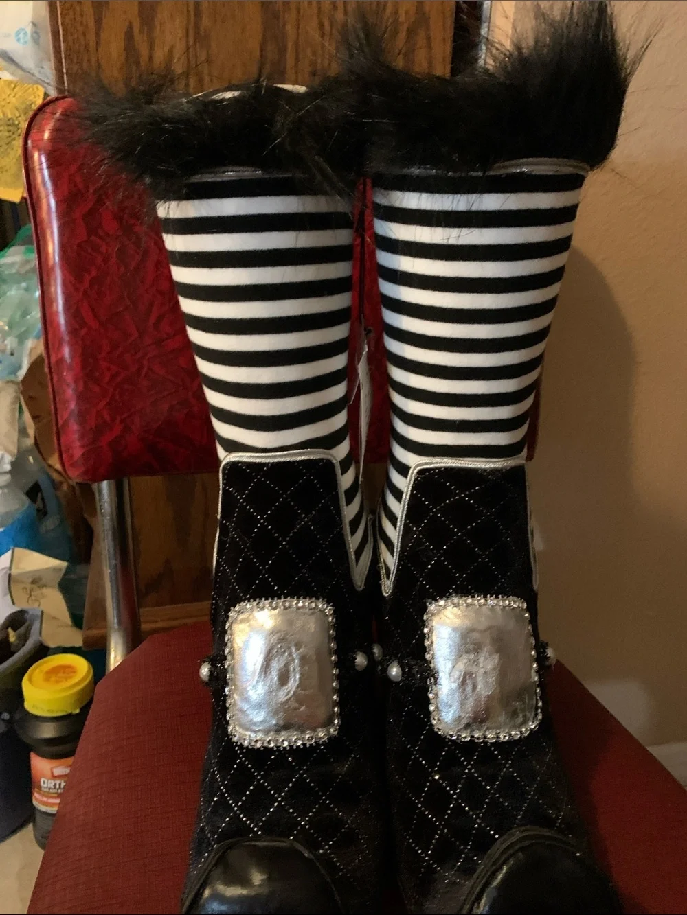 Halloween Decor Witch Striped Black & White Faux-Fur with Curl Toes boots